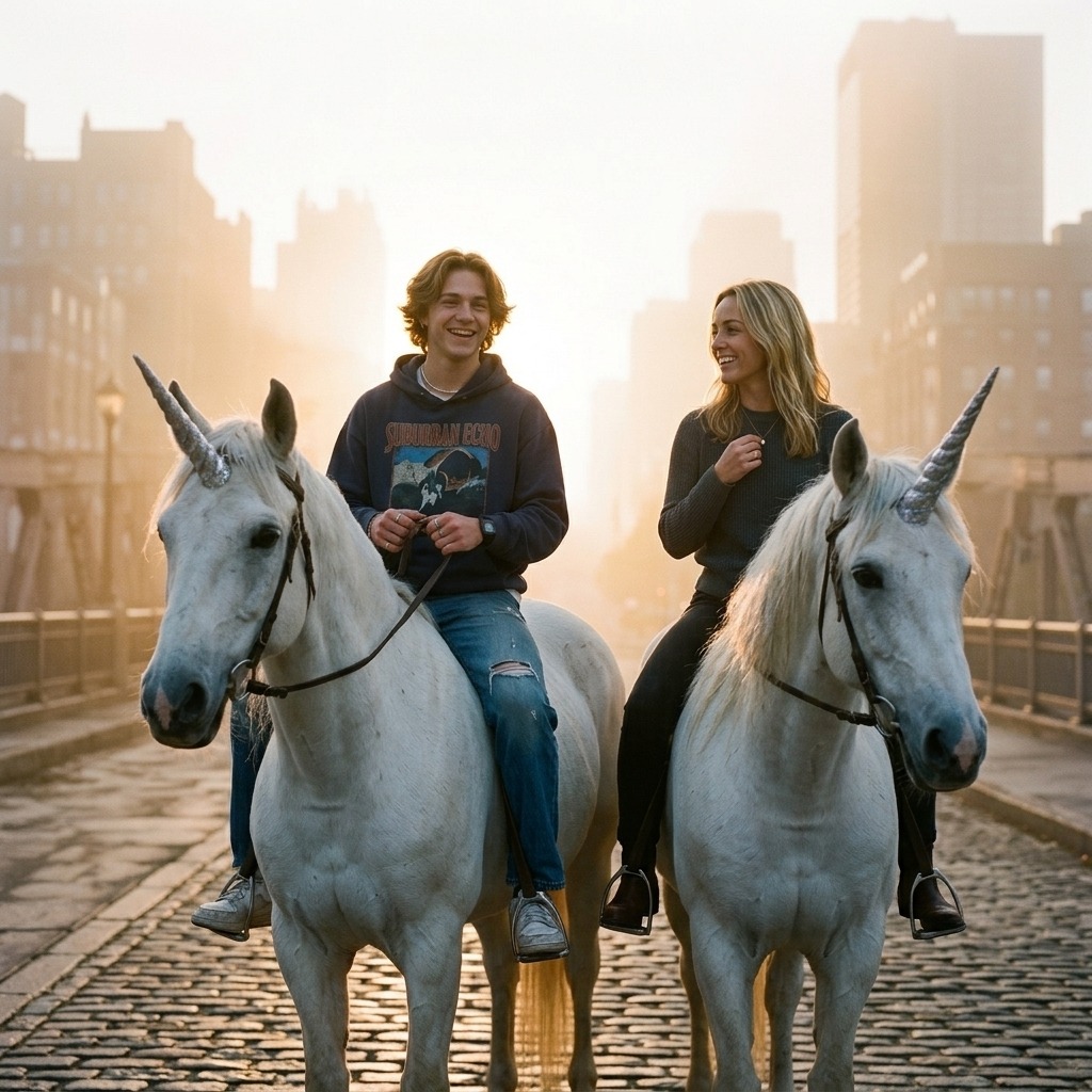 Jake and Sarah riding unicorns